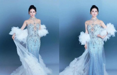 谢娜穿冰蓝人鱼裙清冷华贵，轻纱漫舞流光溢彩，状态超赞！